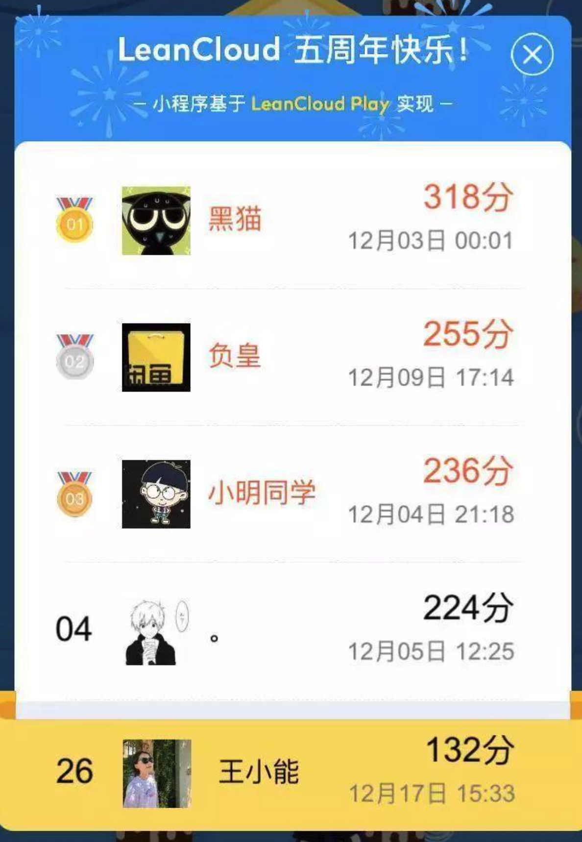 LeanCloud 五周年 Play 小游戏排行榜